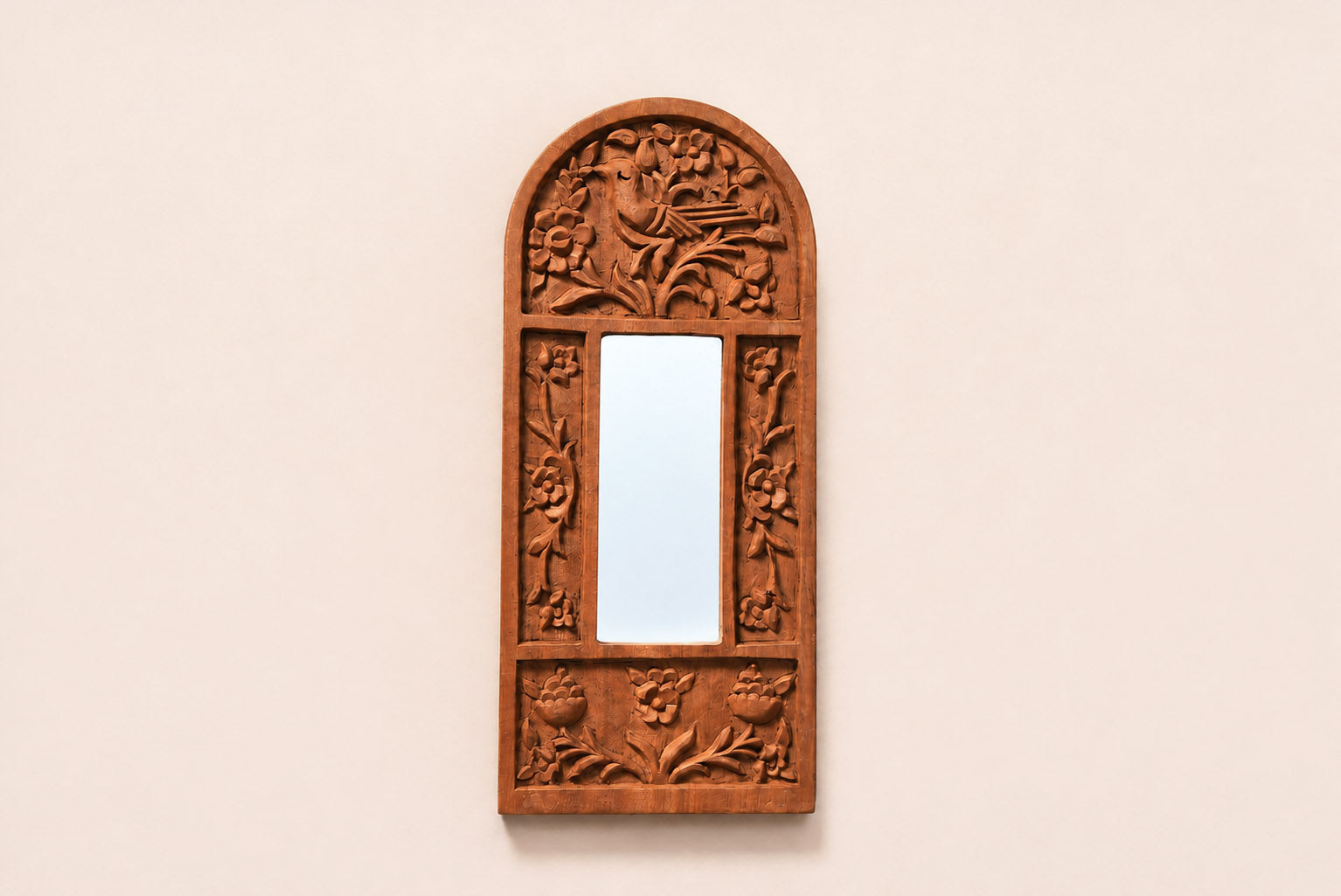 Hand-Carved Mahogany Mirror with Bird & Floral Motifs