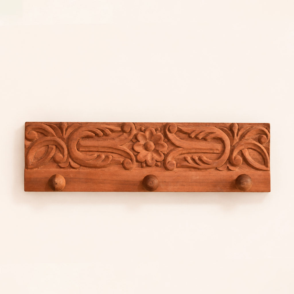 Hand-Carved Mahogany Wall Hook Rack (40 × 11 cm)