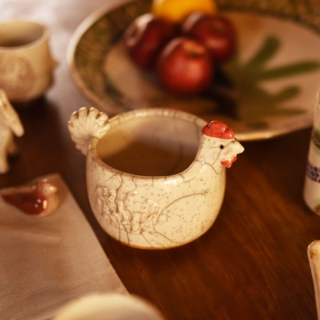 White Raku Chicken-Shaped Ceramic Bowl