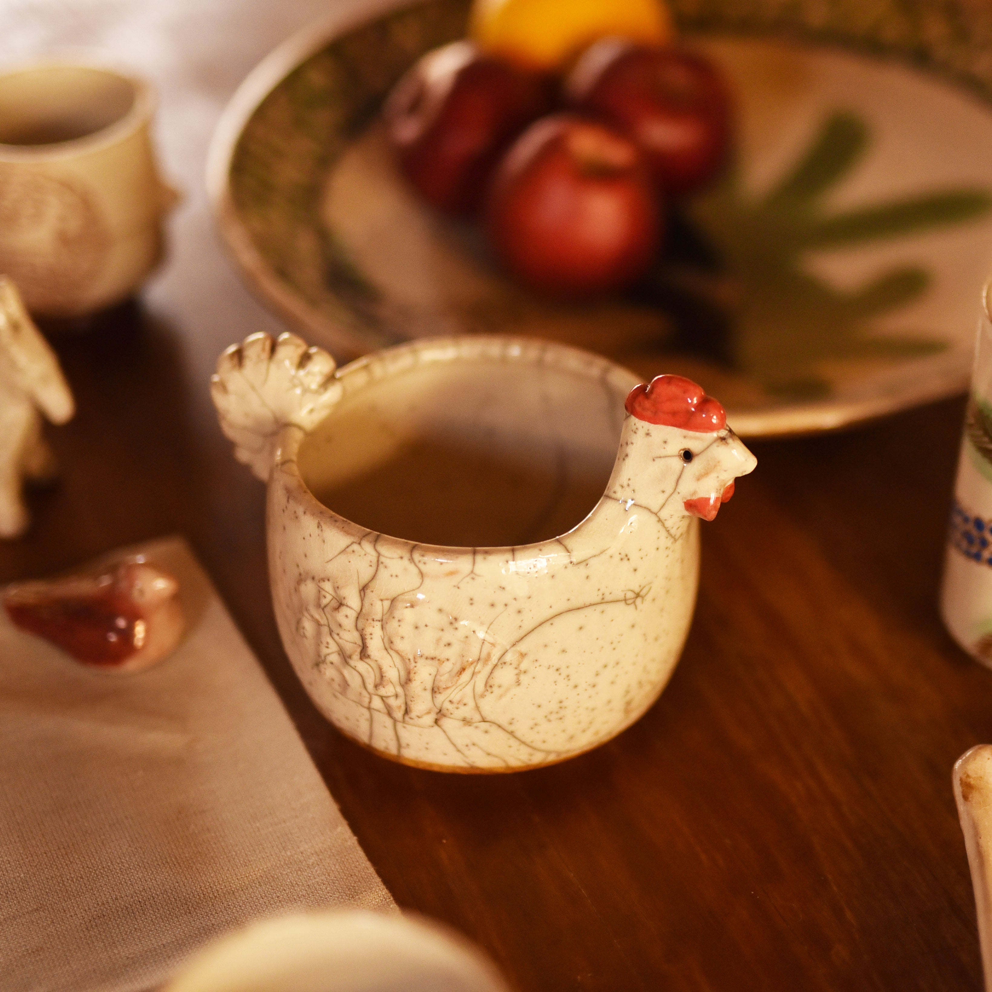 White Raku Chicken-Shaped Ceramic Bowl