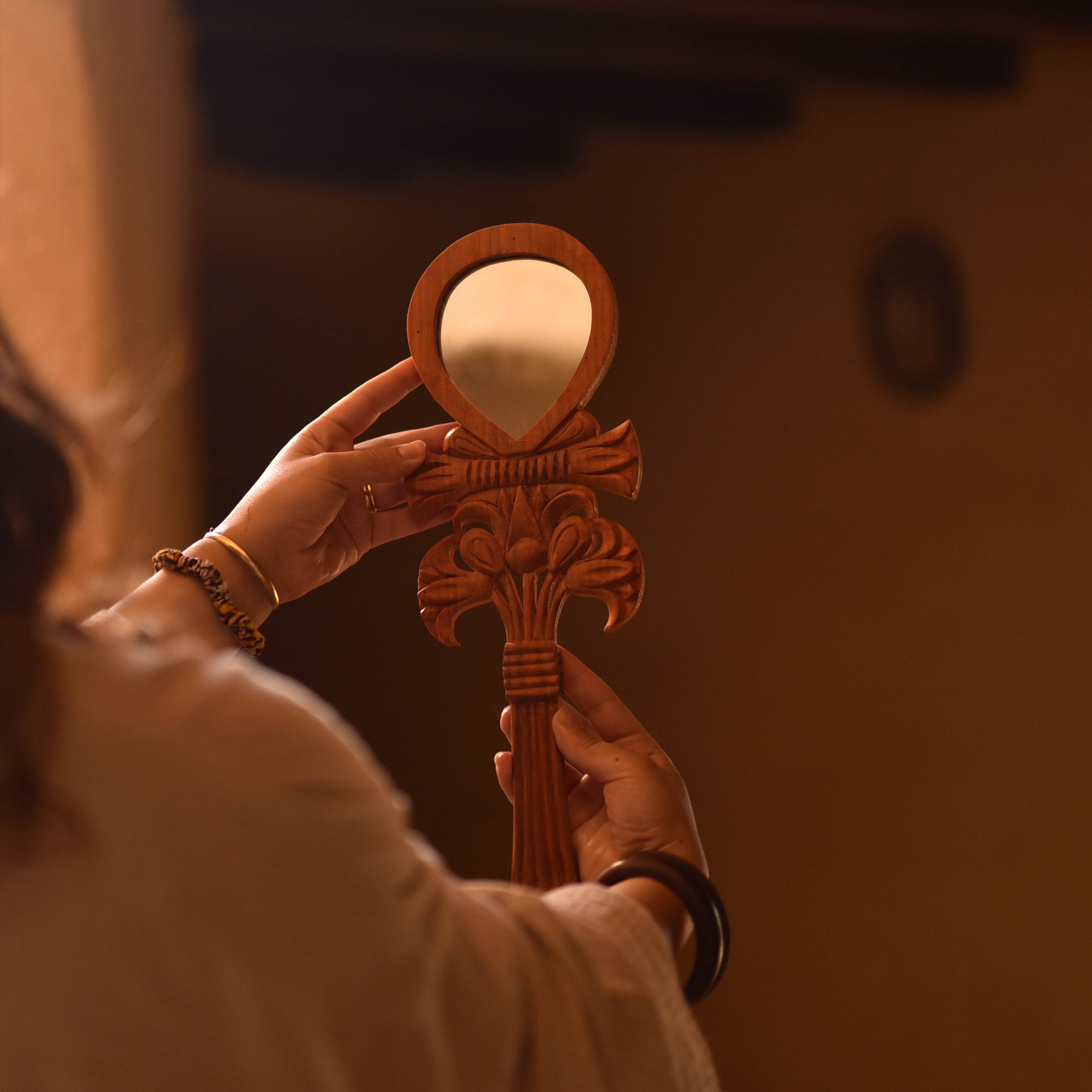 Hand-Carved Mahogany Pharaoh-Inspired Mirror