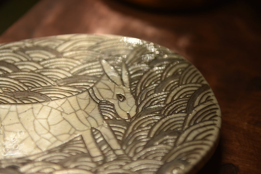 Flat Raku Plate with Hand-Carved Donkey Motif