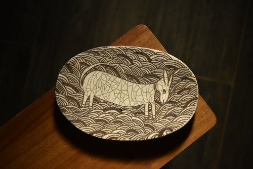 Flat Raku Plate with Hand-Carved Donkey Motif