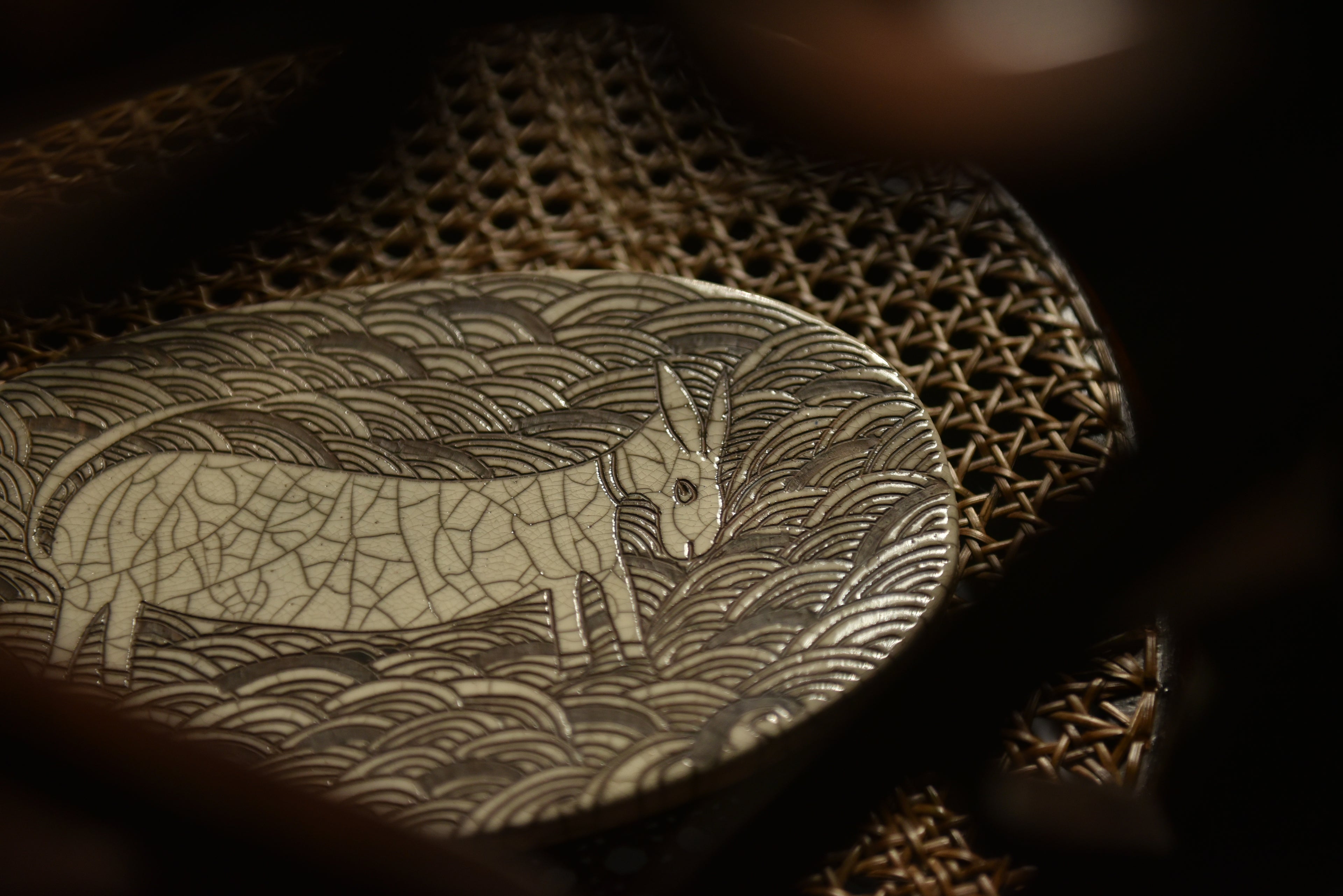 Flat Raku Plate with Hand-Carved Donkey Motif