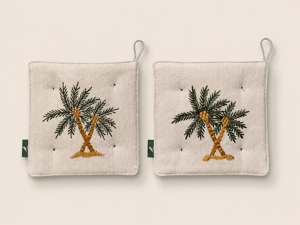 Palm Tree Embroidered Kitchen Pot Holder Set – Set of 2
