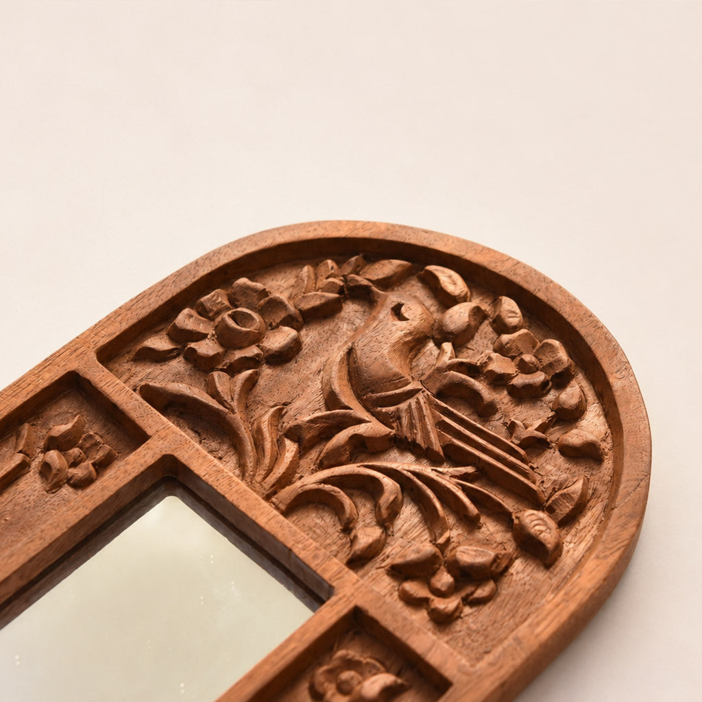 Hand-Carved Mahogany Mirror with Bird & Floral Motifs